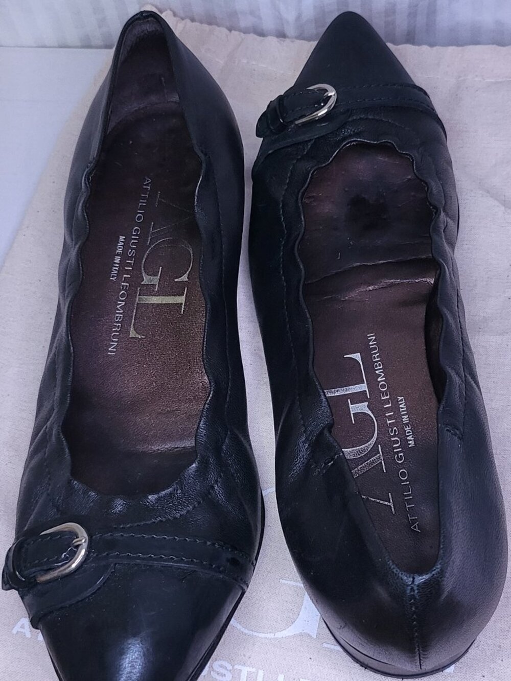 AGL Womens Black Leather Ballet Flat Pointed Toe Buckle Italy Size 8